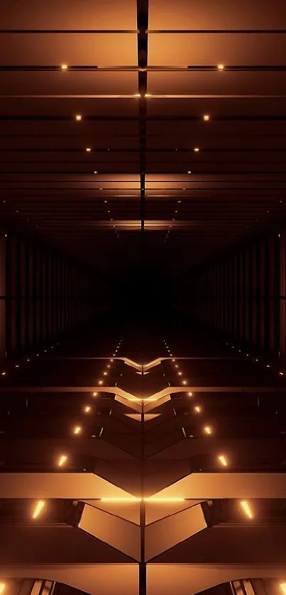 Futuristic tunnel with amber lighting and abstract design in phone wallpaper.