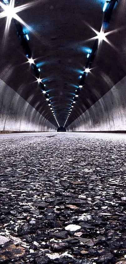 Futuristic tunnel road with blue lights and dark asphalt