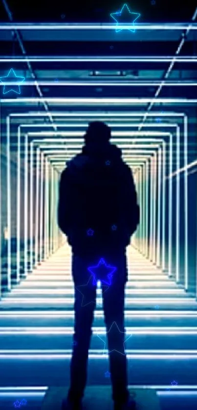 Futuristic tunnel with silhouette and blue neon lights.