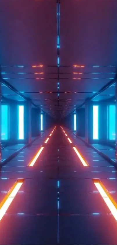 Futuristic tunnel with neon blue and orange lights creating a dynamic mobile wallpaper.