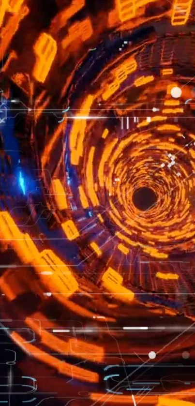 Futuristic orange and black tunnel vortex digital wallpaper.