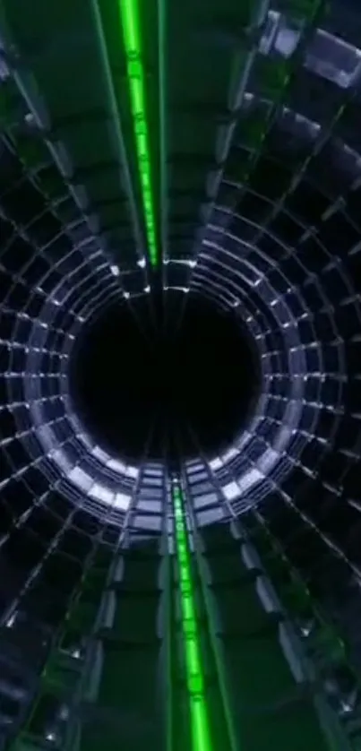 Futuristic tunnel vortex with glowing green light.