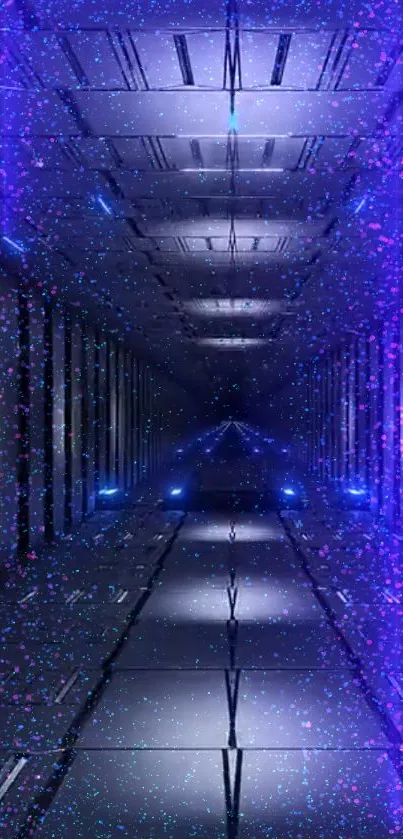 Futuristic tunnel with purple digital lighting and starry effects.