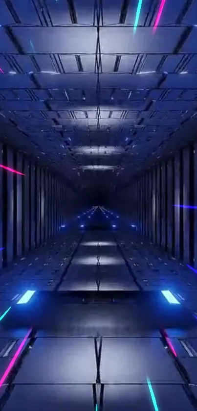 Futuristic tunnel wallpaper with neon lights and dark blue tones.