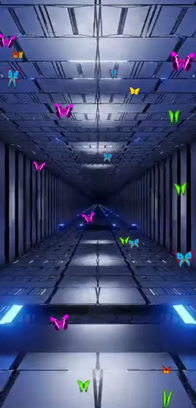 Futuristic tunnel with colorful butterflies.