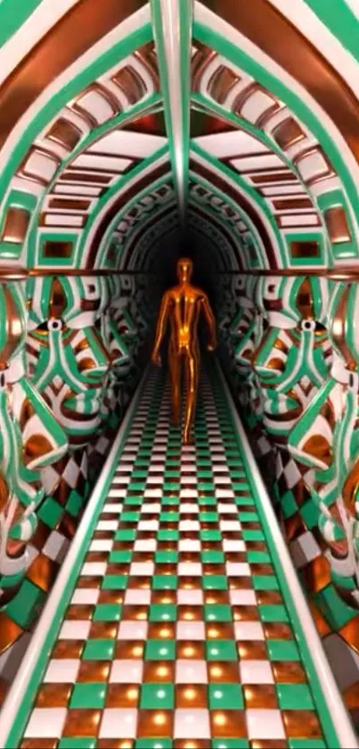 Futuristic tunnel with checkerboard design and golden humanoid.