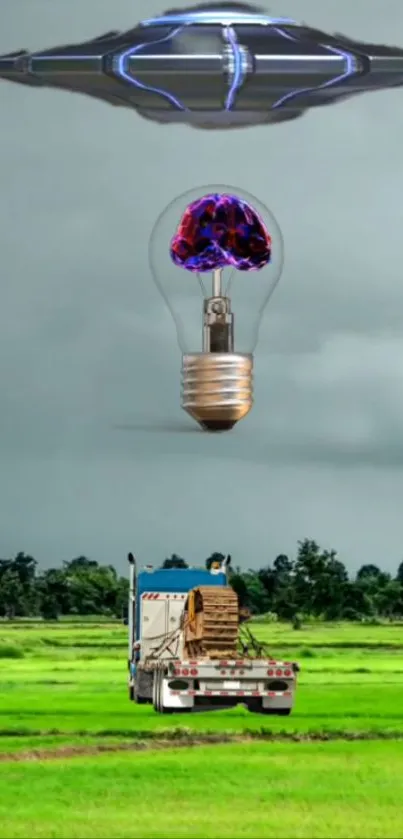 UFO hovering over light bulb and truck in green field.