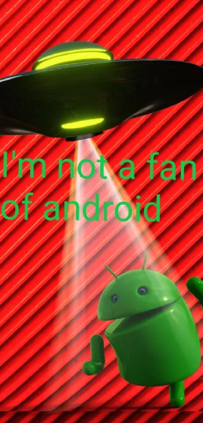 Android under UFO on red background with humorous text.