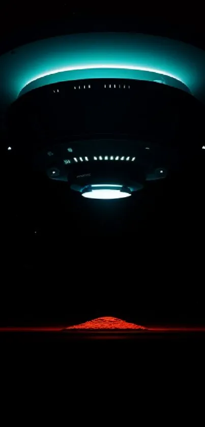 Futuristic UFO hovers in a dark sky with an eerie glow.