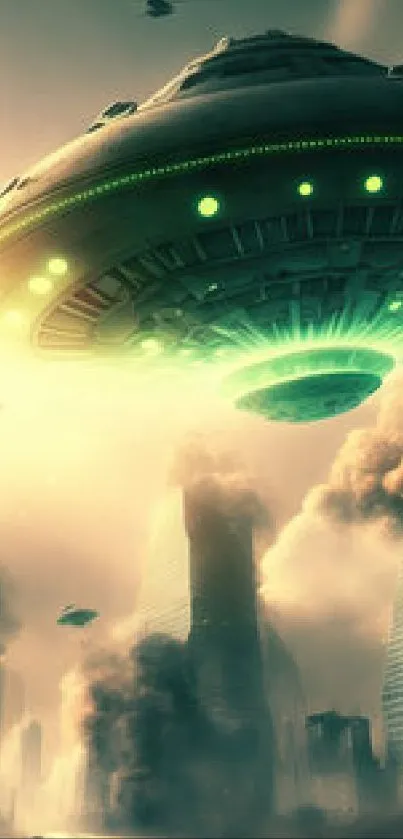 Futuristic city with hovering UFOs and skyscrapers.