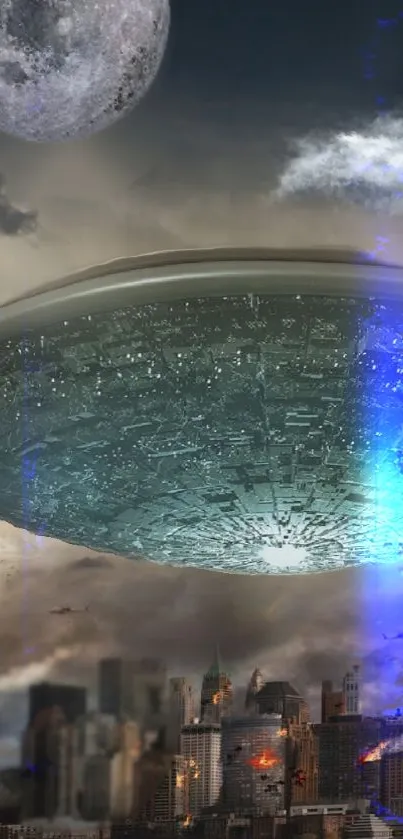 Futuristic cityscape with UFO hovering above skyline under dramatic skies.