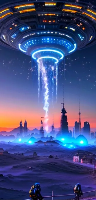 Futuristic cityscape with a hovering UFO and glowing lights at dusk.