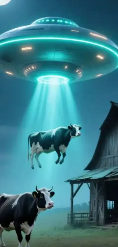 UFO abducting cows at night over a farm.