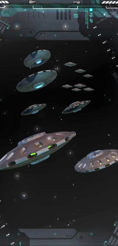 Futuristic UFO fleet in deep space.