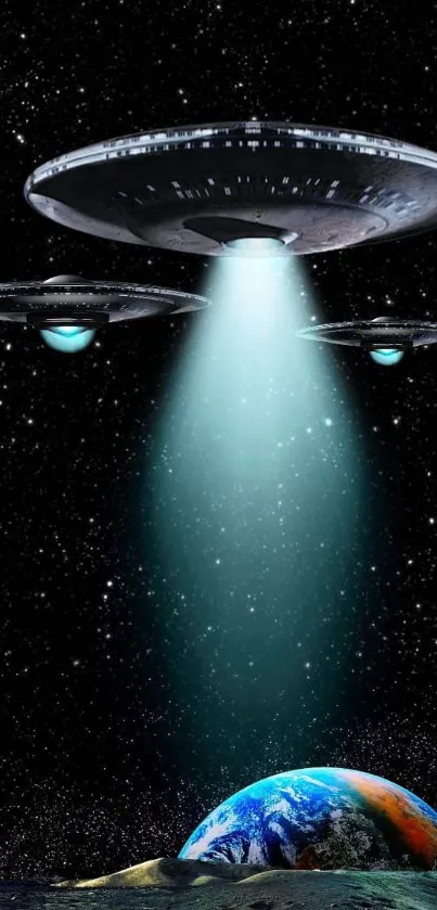 UFOs hovering over Earth with a cosmic backdrop.