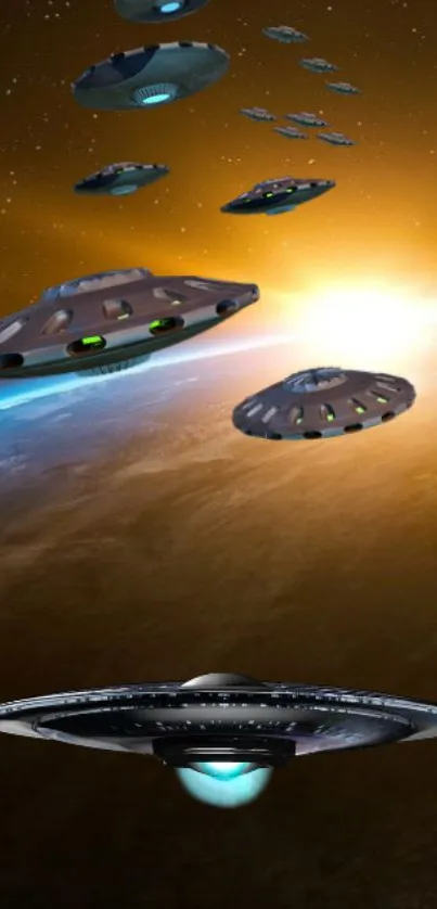 UFOs soaring over a planet with sunrise in the background.