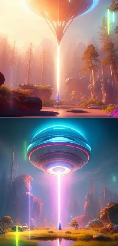 Futuristic forest with UFO beaming vibrant light.