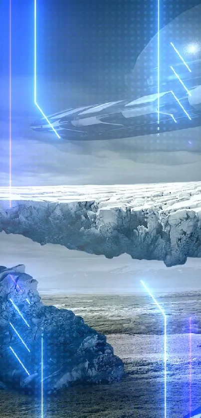 Futuristic landscape with UFO and snow-covered terrain.
