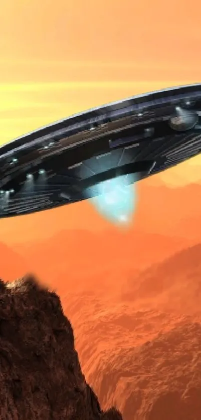 UFO hovers over an orange alien landscape at sunset.