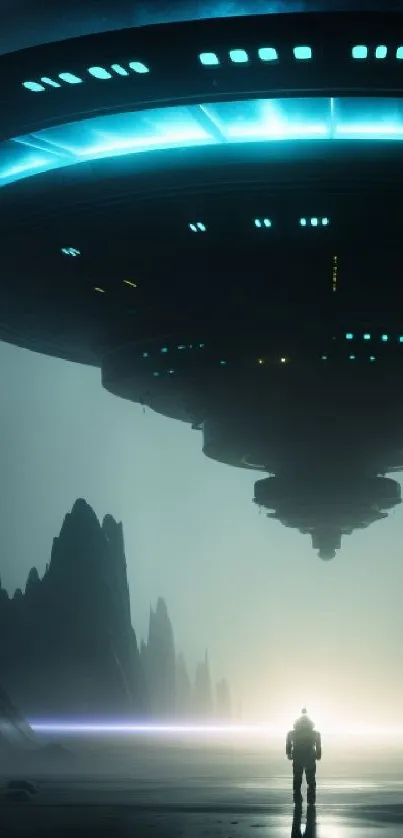Futuristic UFO landscape with a night sky and mysterious ambiance.