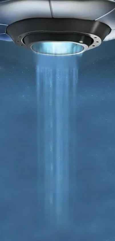 Futuristic UFO emitting a blue light beam in mobile wallpaper background.