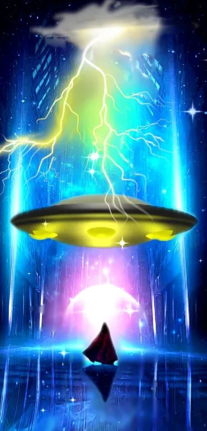 Futuristic scene with UFO and lightning against a cosmic blue background.