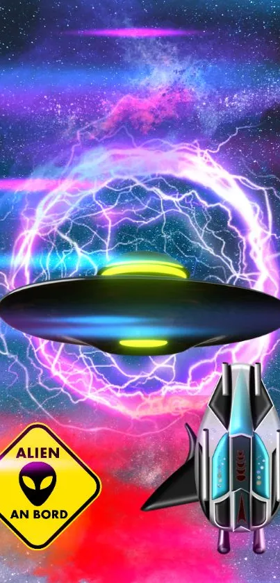 Futuristic UFO with portal and spaceship in cosmic space.