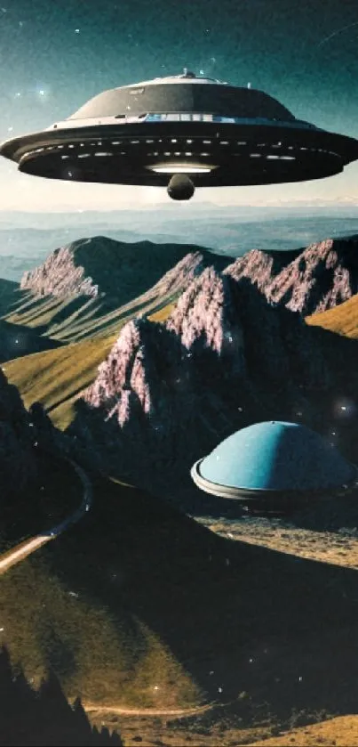 Futuristic UFOs hovering over a mountain landscape.