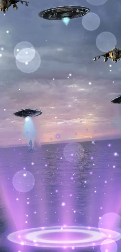 Futuristic UFOs over ocean with purple light beams and aircraft in night sky.