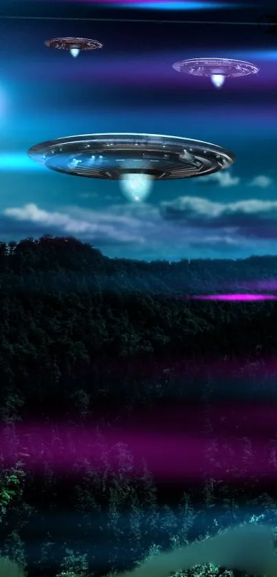 UFOs hover over a forest under a neon-tinted night sky.