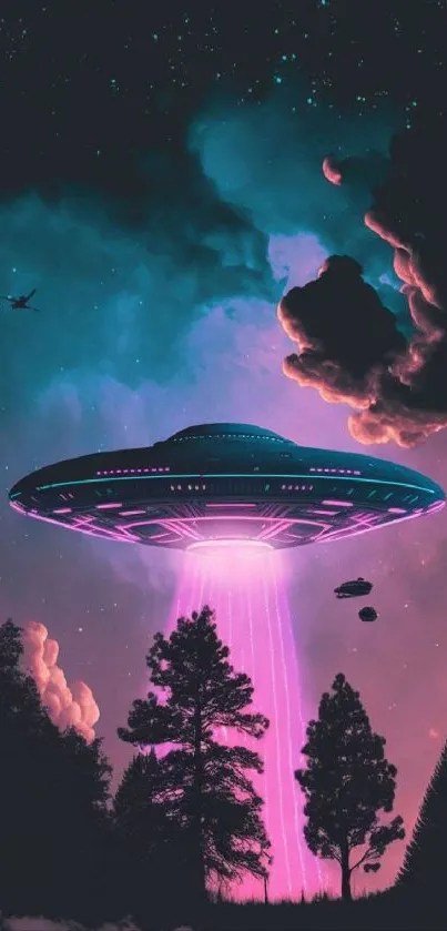 Futuristic UFO hovering above trees with a radiant pink light.