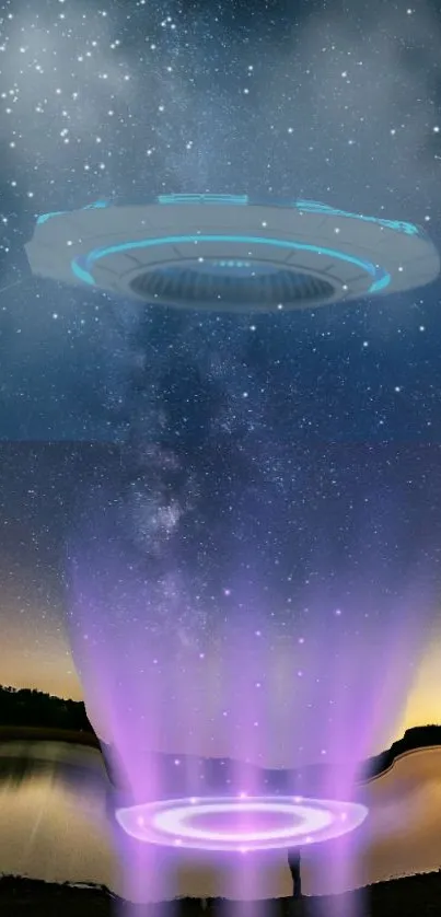 Futuristic UFO hovers in starry night sky with purple lights.