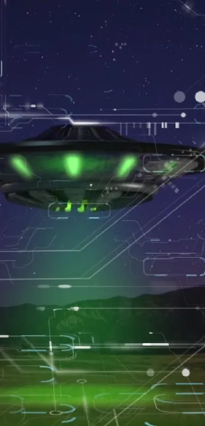 Futuristic UFO with neon green lights.