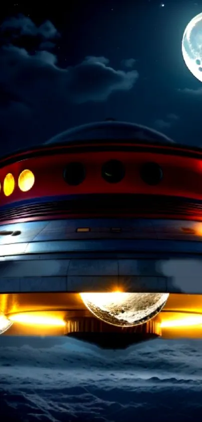 Futuristic UFO hovering under a moonlit sky.