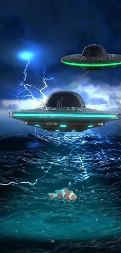 UFOs hover over ocean with lightning in dramatic dark blue scene.