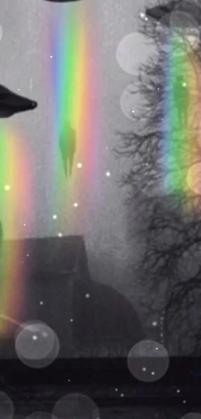 UFOs emitting rainbow beams in a dark forest.