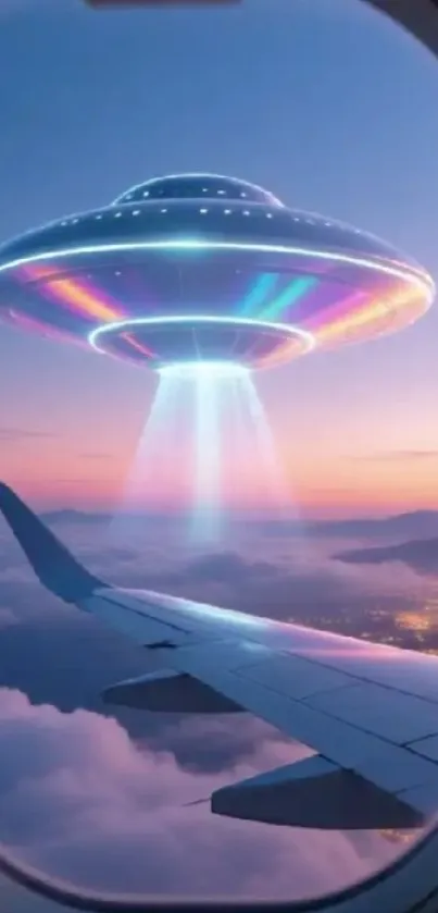 UFO seen from airplane window at sunset.