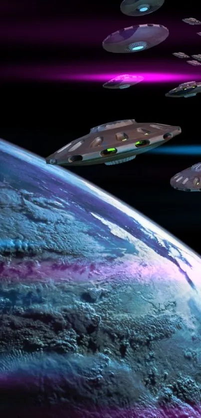 UFOs flying over a vibrant alien planet in space, creating a sci-fi scene.