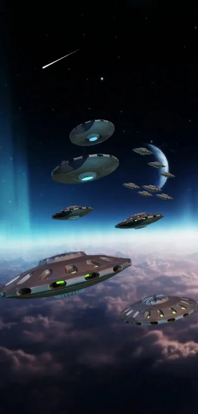 Futuristic design of UFOs flying high in space above Earth with a cosmic view.