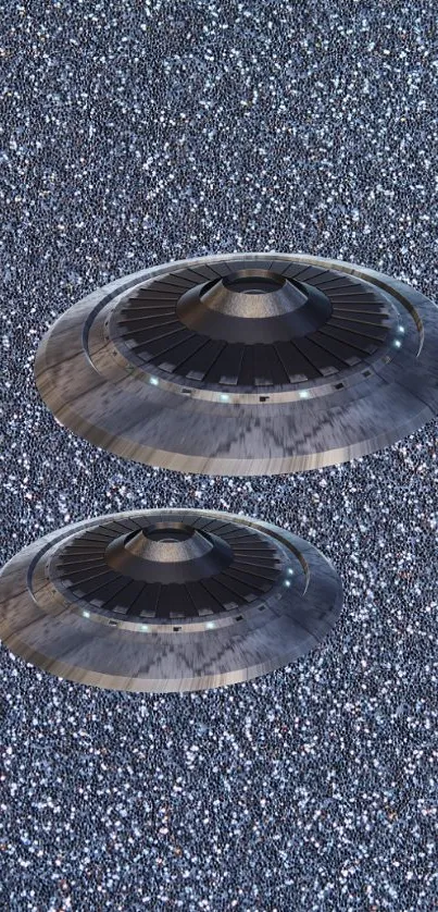 Futuristic metallic UFOs against a starry background.