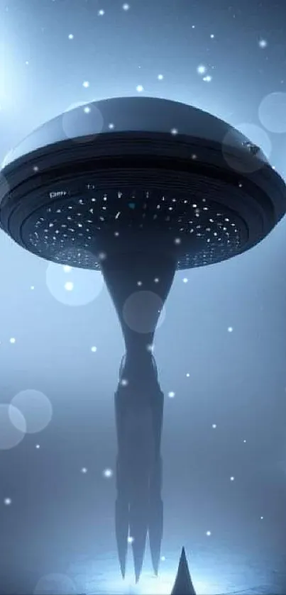 Futuristic UFO spaceship with ethereal blue-gray lighting.