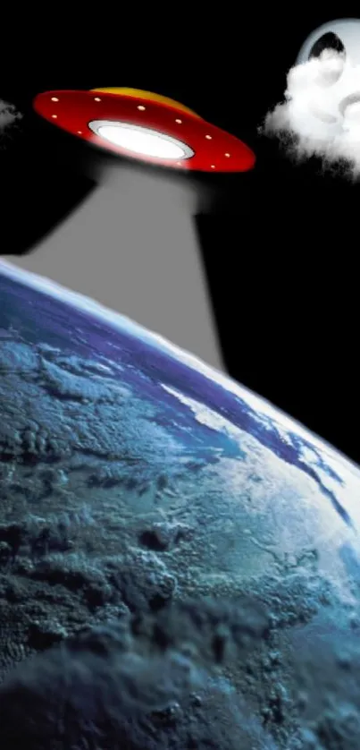 UFO hovering over Earth with dark sky backdrop.