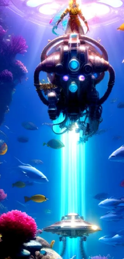 Futuristic underwater scene with advanced tech and marine life.