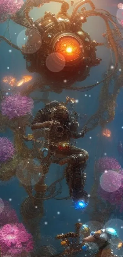 Futuristic underwater art with divers and colorful flora.