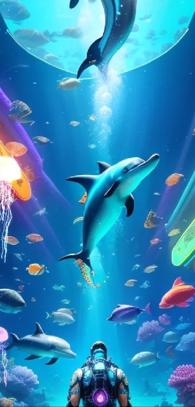 Futuristic underwater scene with dolphins and vibrant coral.