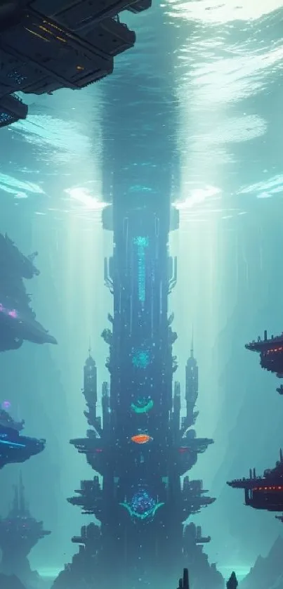 Futuristic underwater cityscape with neon lights and advanced structures.