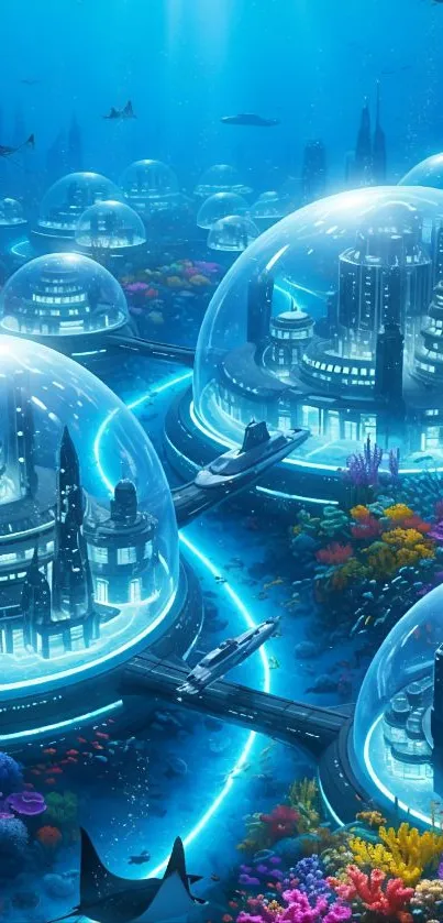 Futuristic underwater city with domes and marine life.