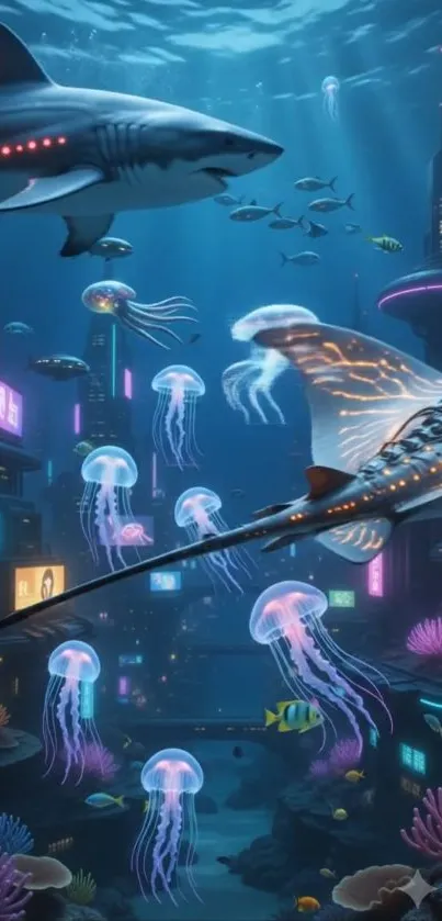 Futuristic underwater city with neon-lit marine life.