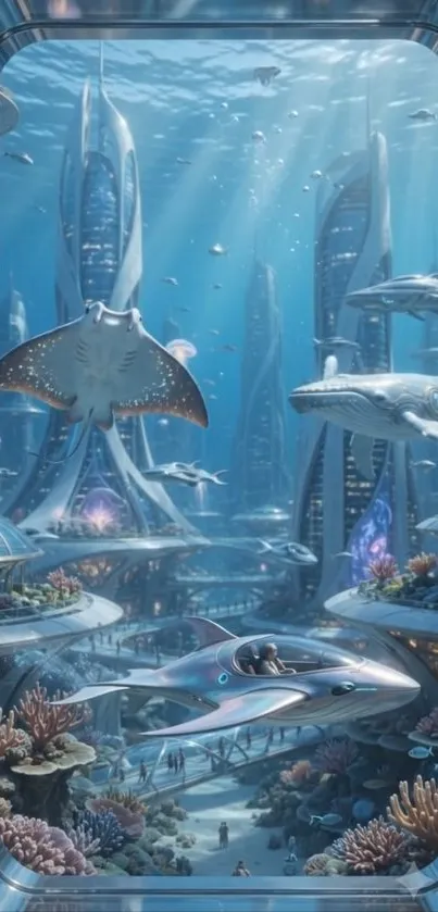 Futuristic underwater city with marine life and technology.