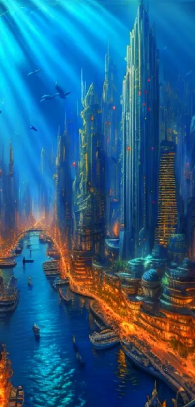 Futuristic underwater cityscape with neon lights and skyscrapers.